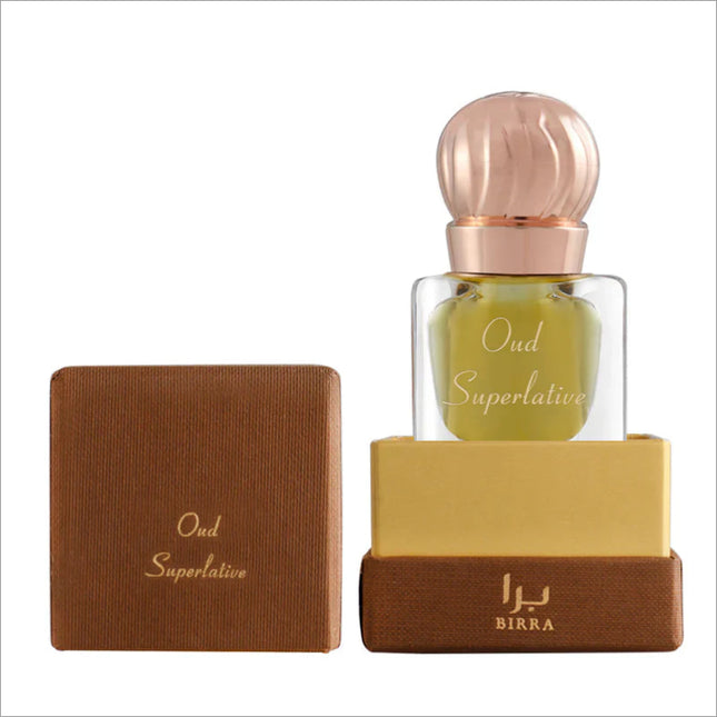 Oud Superlative by BIRRA - 3ML perfume bottle showcased with its elegant packaging, featuring a clear bottle with golden-yellow liquid and a rose gold cap, accompanied by a stylish brown and gold box.
