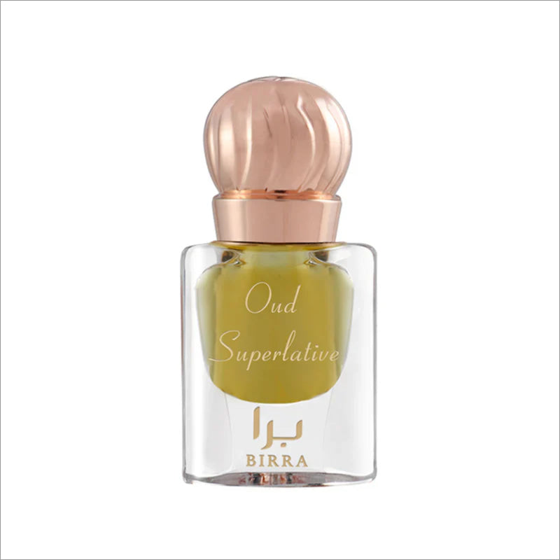 Oud Superlative by BIRRA - 3ML perfume bottle with a clear glass body and a golden-yellow liquid, topped with a rose gold cap, elegantly displayed against a white background.