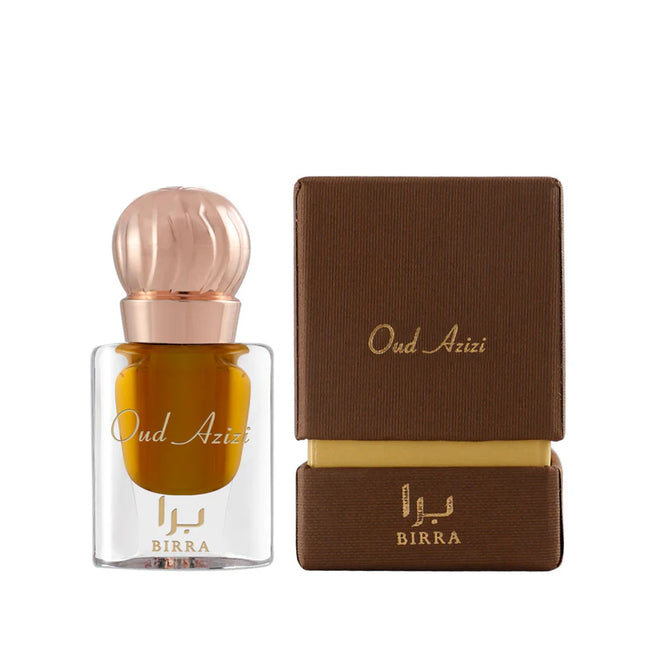 Oud Azizi attar packaging with a luxurious glass bottle featuring a rose gold cap, accompanied by a stylish brown box that highlights the brand BIRRA.