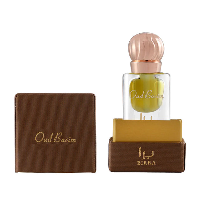 Close-up view of Oud Basim by BIRRA, showcased with its luxurious box, highlighting the chic design and branding of the perfume.