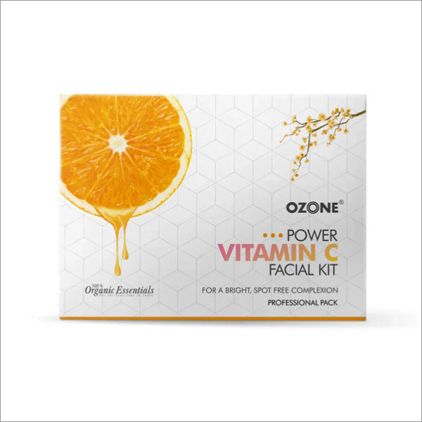 OZONE Power Vitamin C Facial Kit showcasing a six-step skincare process with natural brightening agents.