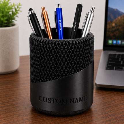 Black personalized 3D printed mesh pen stand with custom name