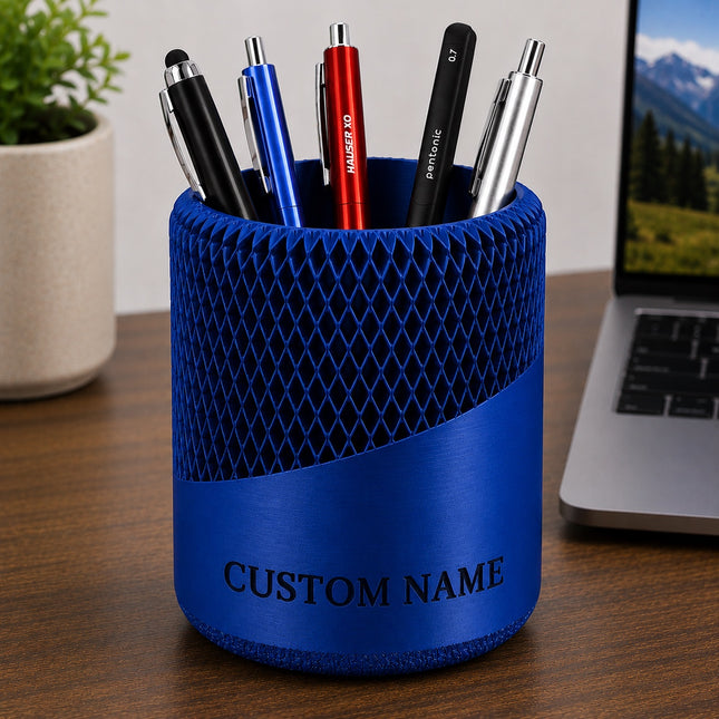 Blue personalized 3D printed mesh pen stand with custom name