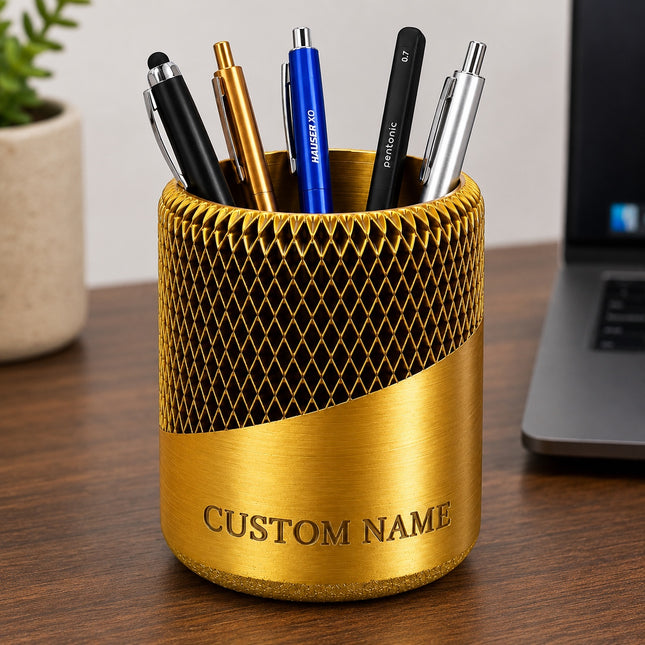 Gold personalized 3D printed mesh pen stand with custom name