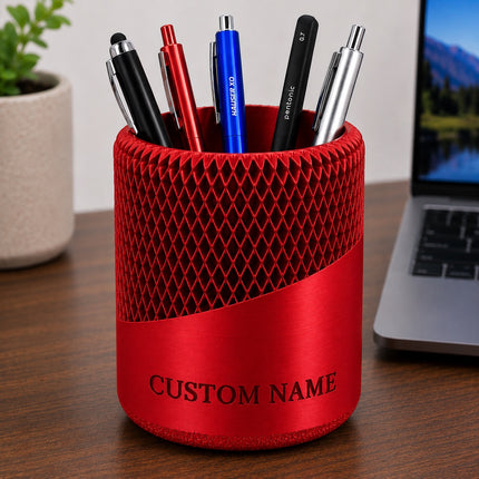 Red personalized 3D printed mesh pen stand with custom name