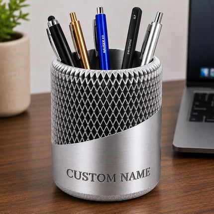 Silver personalized 3D printed mesh pen stand with custom name