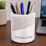 White personalized 3D printed mesh pen stand with custom name