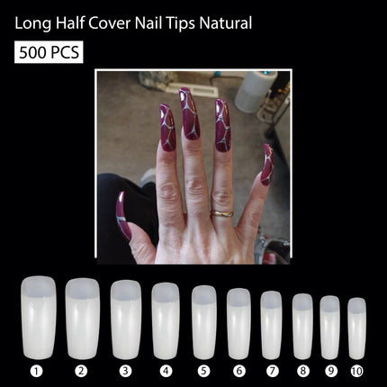 PKT 500pcs Long Half Cover Nail Tips Natural