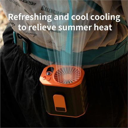 Orange and black portable waist fan rechargeable speed cooling fan with power bank and led flashlight compact design