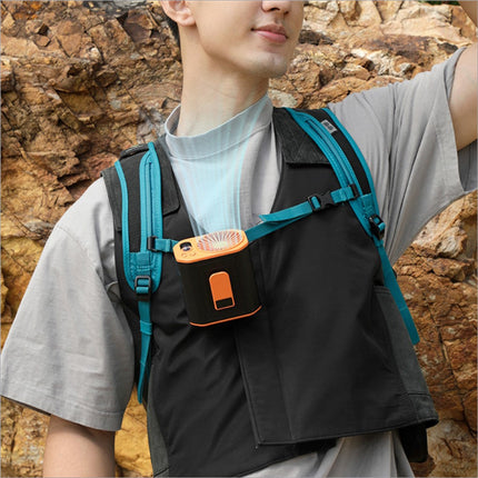 Black and orange portable waist fan rechargeable with 3 speed cooling fan clipped to backpack chest strap