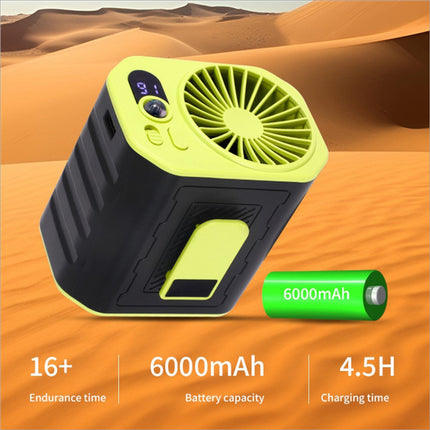 Bright lime green and black portable waist fan rechargeable with digital display 3 speed cooling fan and integrated handle