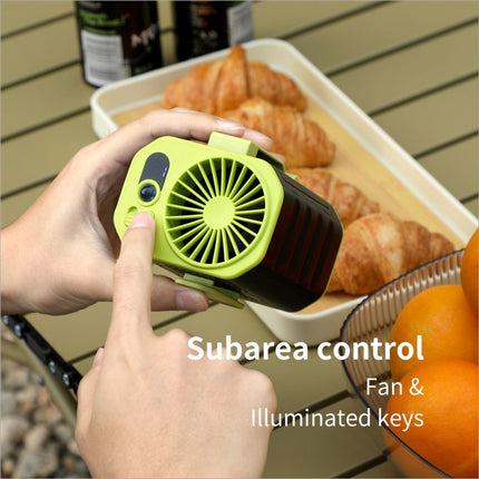 Compact lime green and black waist fan rechargeable with clip-on design 3 speed cooling fan and led flashlight