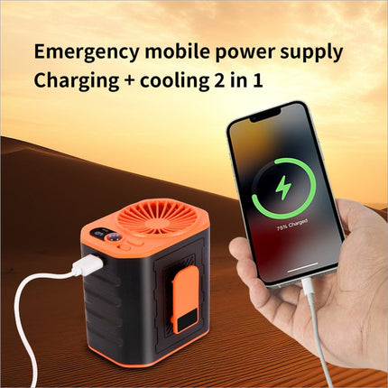 Orange and black portable waist fan rechargeable speed cooling fan with built-in power bank and led flashlight