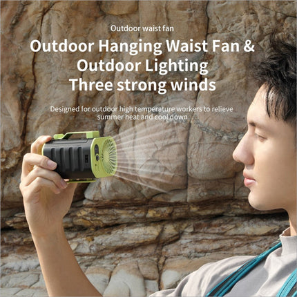Compact lime green and black portable waist fan rechargeable with three speed cooling and integrated LED flashlight
