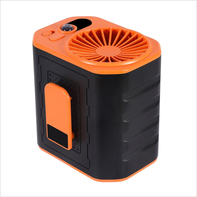 Orange and black portable waist fan rechargeable with 3 speed cooling fan, rugged design, textured sides, and integrated handle