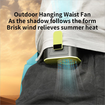 Compact lime green and black portable waist fan rechargeable with 3 speed cooling fan and clip-on design for outdoor use