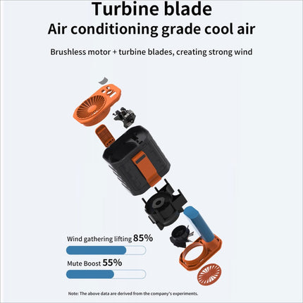 Orange and black portable waist fan with brushless motor turbine blades rechargeable 3 speed cooling fan with led flashlight