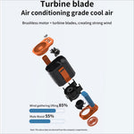 Orange and black portable waist fan with brushless motor turbine blades rechargeable 3 speed cooling fan with led flashlight