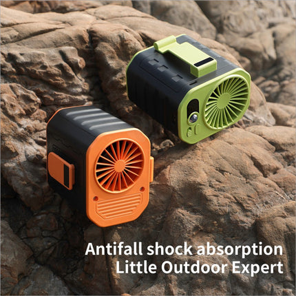 Two compact rugged portable waist fans with black bodies and bright orange and lime green grilles speed cooling fan rechargeable