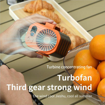 Orange and black handheld portable waist fan with circular blades rechargeable 3 speed cooling fan and led flashlight