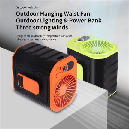 Orange and black portable waist fan rechargeable with 3 speed cooling fan and built-in power bank for outdoor use