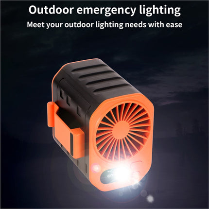 Orange and black portable waist fan rechargeable with 3 speed cooling fan and built-in LED flashlight for outdoor use