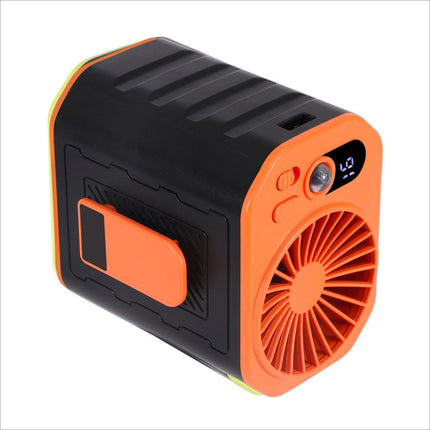 Orange and black portable waist fan rechargeable power bank with built-in fan digital display led light and textured grip