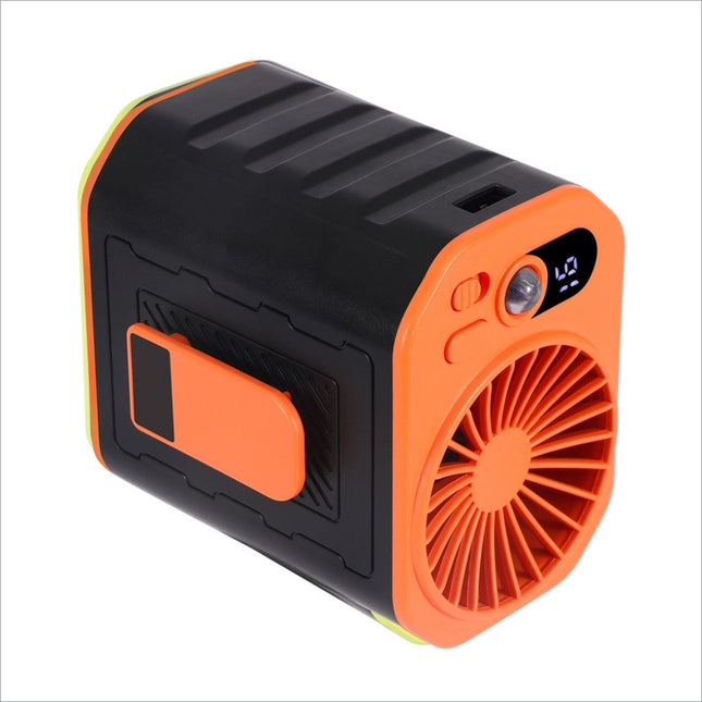 Orange and black portable waist fan rechargeable power bank with built-in fan digital display led light and textured grip
