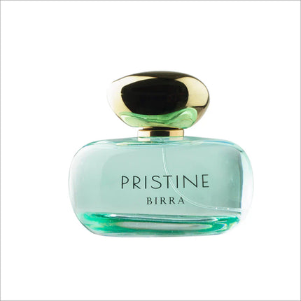 Pristine Eau de Parfum 100ml by Birra featuring a stylish glass bottle with a gold cap against a white background.