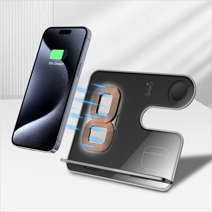 Black q10c 3-in-1 15w wireless charger phone watch earphone charging stand with sleek silver accents and removable bracket