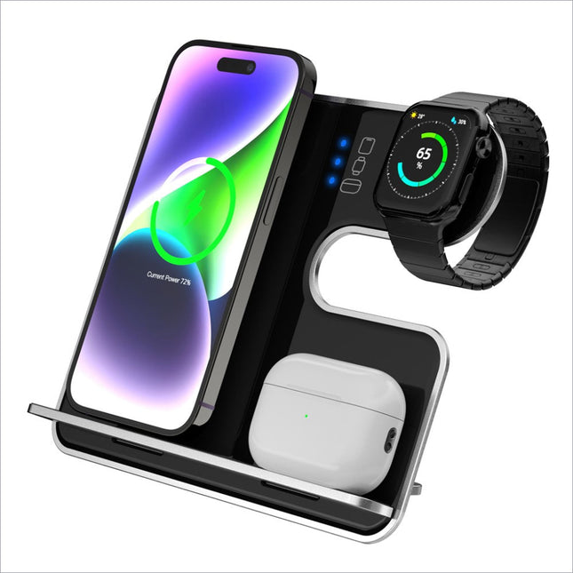 Black and silver q10c 3-in-1 15w wireless charger phone watch earphone charging stand with integrated slots and removable bracket