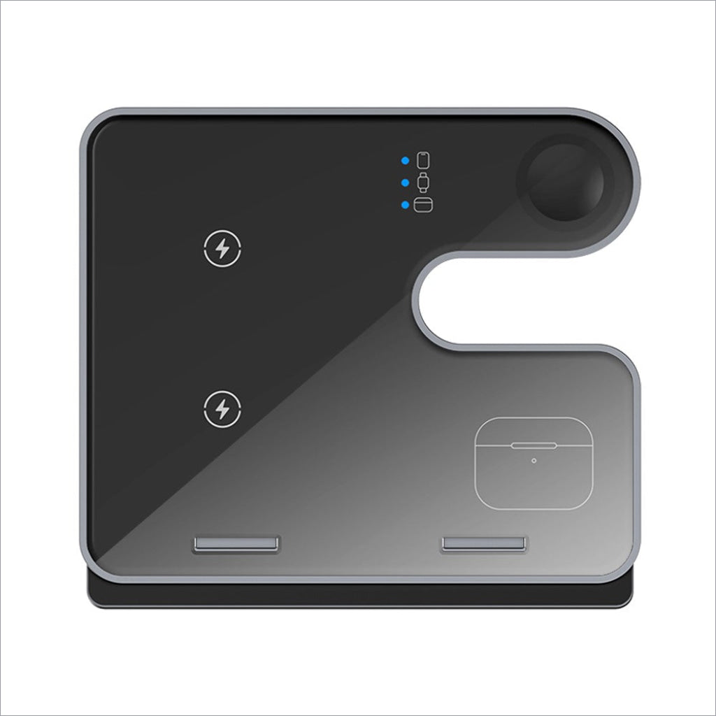 Modern black and silver q10c 3-in-1 15w wireless charger phone watch earphone charging stand with dual-zone pad