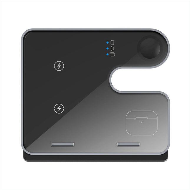 Modern black and silver q10c 3-in-1 15w wireless charger phone watch earphone charging stand with dual-zone pad
