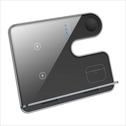 Modern black and silver 15w wireless charger with sleek glass surface for phone watch and earphone charging stand
