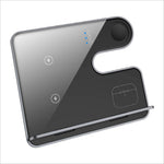 Modern black and silver 15w wireless charger with sleek glass surface for phone watch and earphone charging stand
