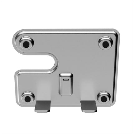 Silver metallic 15w wireless charger phone stand with four mounting holes and two adjustable feet for charger phone watch