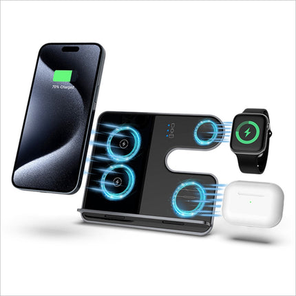 Black q10c 3-in-1 15w wireless charger with three induction pads and built-in cradle for charger phone watch earphone