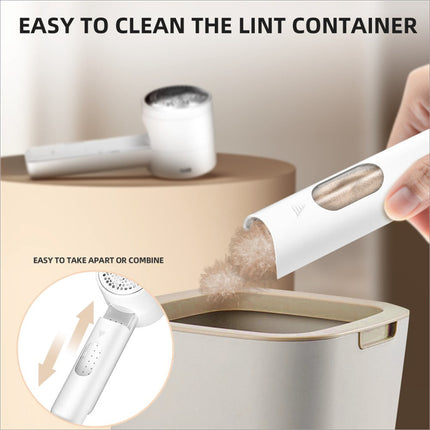 White rechargeable fabric shaver with transparent window showing collected fibers and led display lint remover