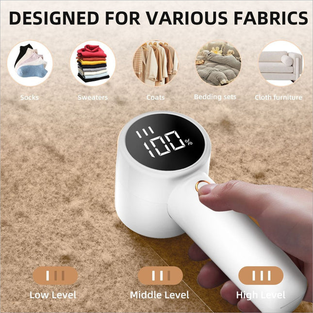 White rechargeable fabric shaver with digital display showing 100 percent humidity for lint remover use
