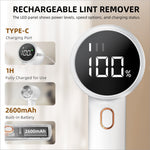 White and rose gold rechargeable fabric shaver with 3 speeds and led display showing 100 percent battery lint remover
