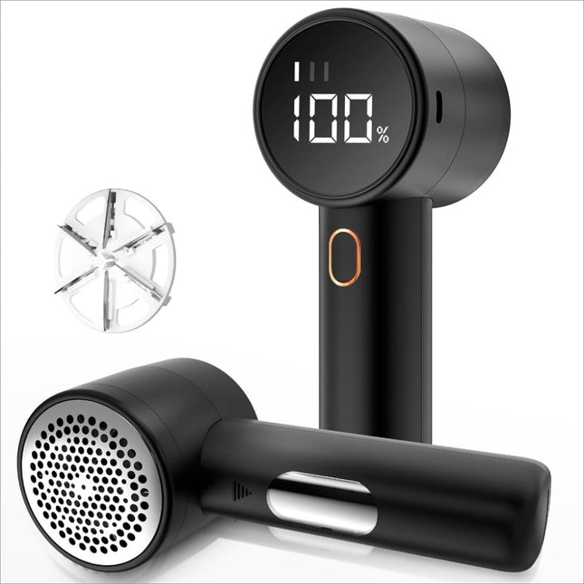 Black rechargeable fabric shaver lint remover with silver perforated head and LED display showing 100 percent charge