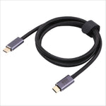 Black braided usb c to usb c cable with metallic connectors for fast charge and data synchronization with e-marker