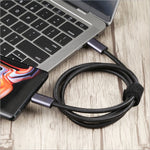 Black braided usb c cable with metallic connectors for fast charge and data synchronization 100w 1.5m length