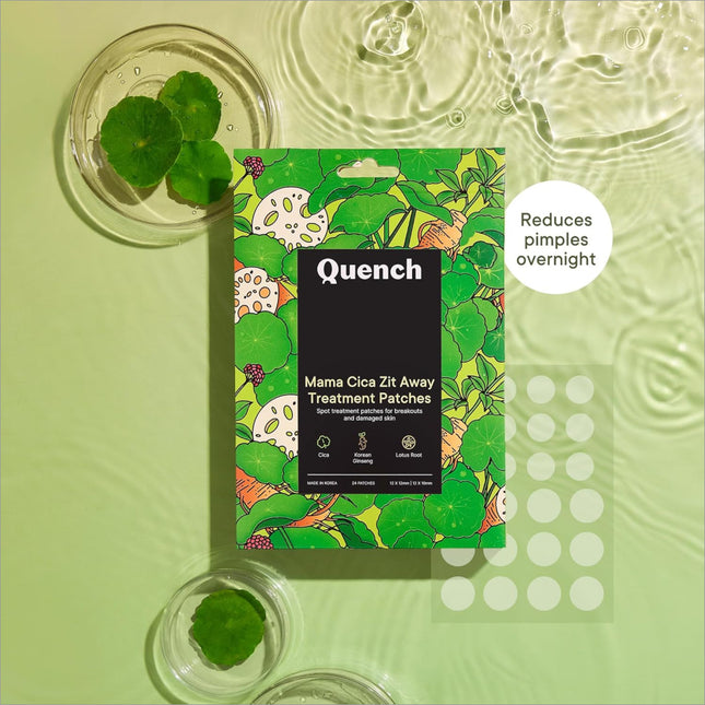 Close-up of Quench Zit Away Acne Pimple Patches highlighting Cica herb ingredient for enhanced skin repair.