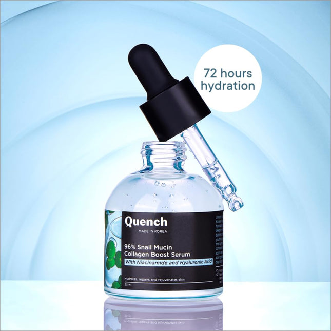 Quench 96% Snail Mucin Collagen Boost Serum featuring a blend of nourishing ingredients to prevent early signs of aging and improve skin's texture.