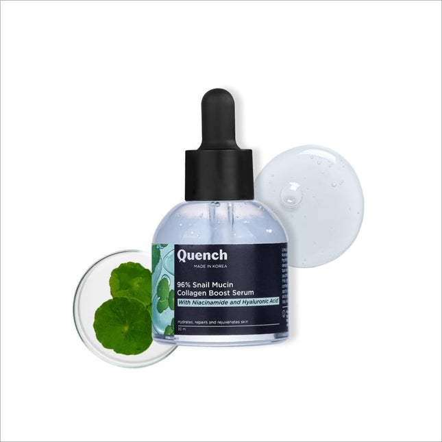 Quench 96% Snail Mucin Collagen Boost Serum with Niacinamide & Hyaluronic Acid enhances skin hydration for 72 hours, promoting dewy soft and plump skin.