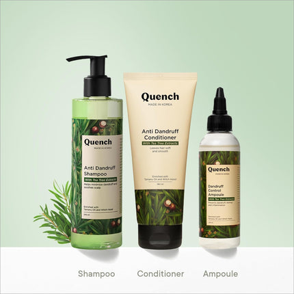 QUENCH Anti Dandruff Conditioner displaying its nourishing formula that leaves hair soft, smooth, and free from dandruff.