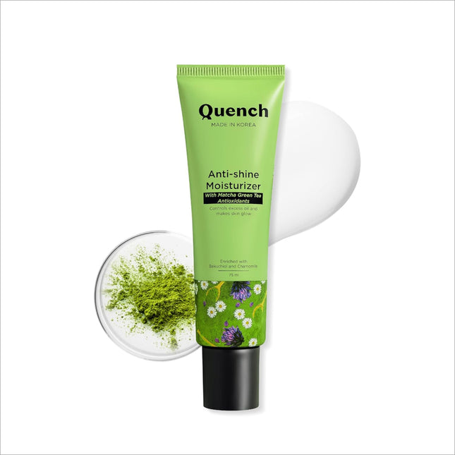 QUENCH BOTANICS Quench Anti-Shine Moisturizer with Matcha Green Tea for Acne Prone Skin, a lightweight and non-sticky anti-shine moisturizer that reduces pimples and fades dark spots.