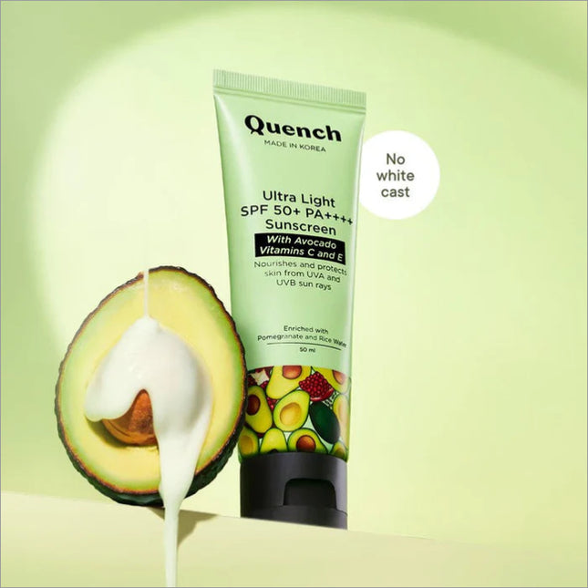 QUENCH Ultra Light SPF 50+ PA++++ Sunscreen with Avocado Vitamins C & E - 50 ML, a lightweight sunscreen spf 50 that provides effective protection against harmful UV rays.