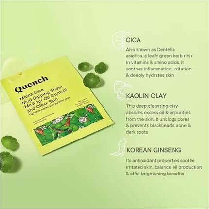 Product image of Quench Mud Sheet Mask with Cica Herb Repair, highlighting its benefits as a Korean face mask for oily skin, designed to tighten pores.